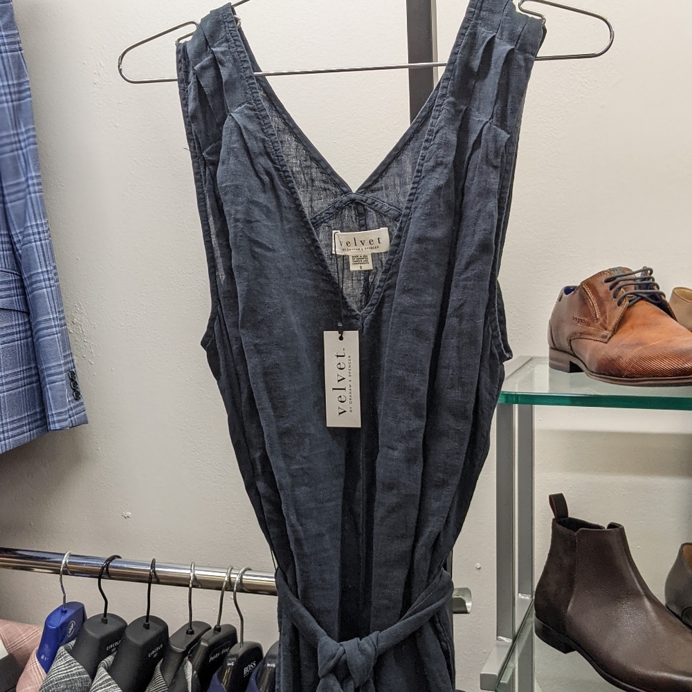 Velvet Linen Blue Midi Dress S